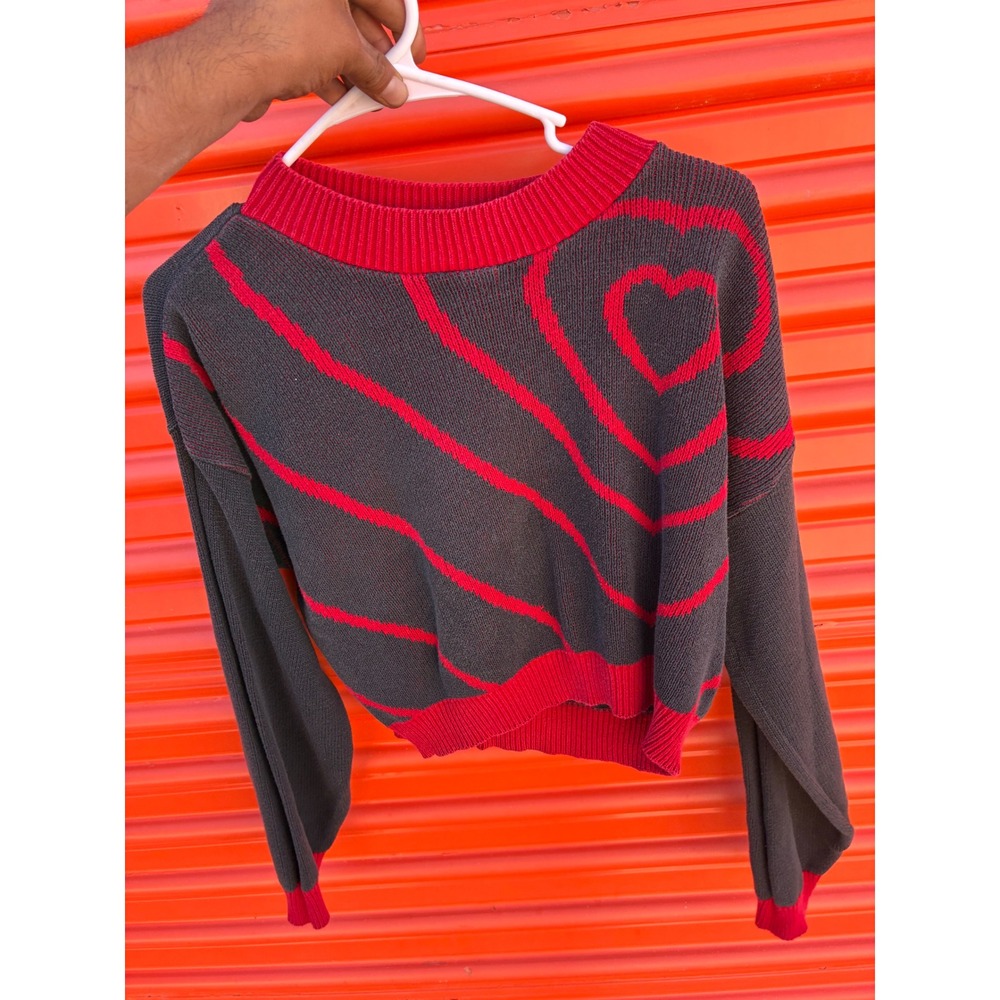 Vintage Avon Fashions Heart Stripe Knit Sweater Red Gray Small Made in USA